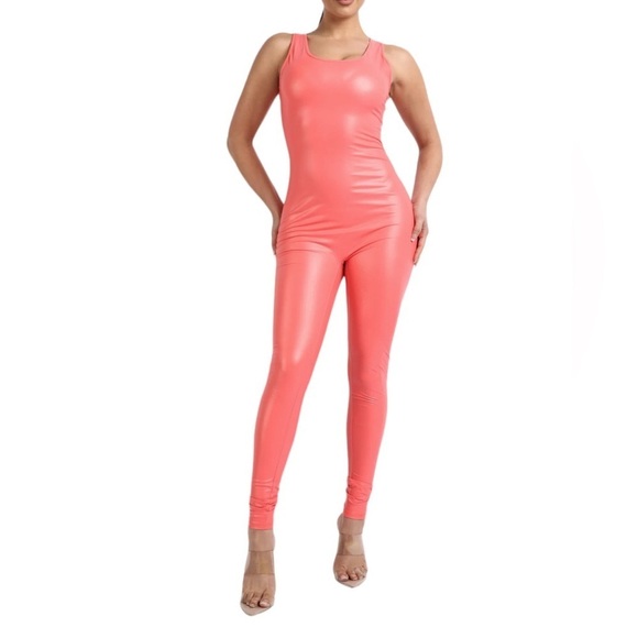 Coral Jumpsuit Sexy Bodycon Sleeveless Faux Leather Matte PU Tank One Piece
New - Picture 3 of 10